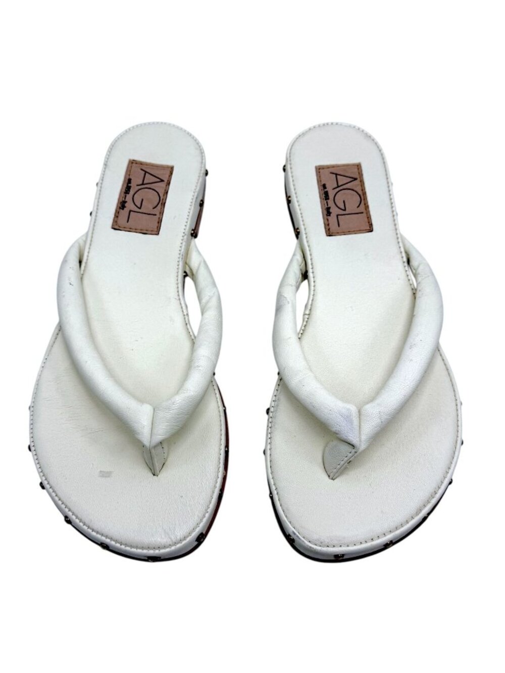 AGL Attilio Giusti Leombruni White Leather Flat Sandal Flip-Flops With Studded T